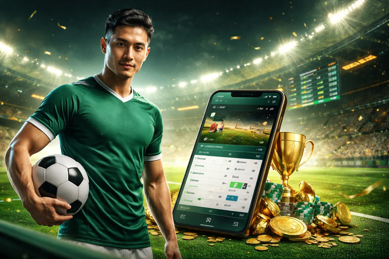 Sân vận động tràn ngập ánh sáng với các biểu tượng cá cược thể thao và logo winmax game